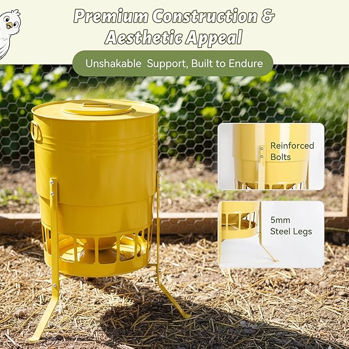 KOL Chicken Feeder No Waste for Coop & Outdoors, 16 Port 50lbs Poultry Feeder with Spill-Control Design, Rust-Proof Powder Coated Metal & Smooth Safe Edges (Yellow)