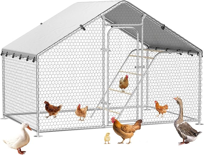 Large Metal Chicken Coop with Roosting Perch, Waterproof and UV-Resistant Cover, Chicken Run Outdoor Walk-in Cage Duck Rabbit Hen House for Yard Farm Use Spire Roof(10’ W x 4.9’ L x 6.4’ H)