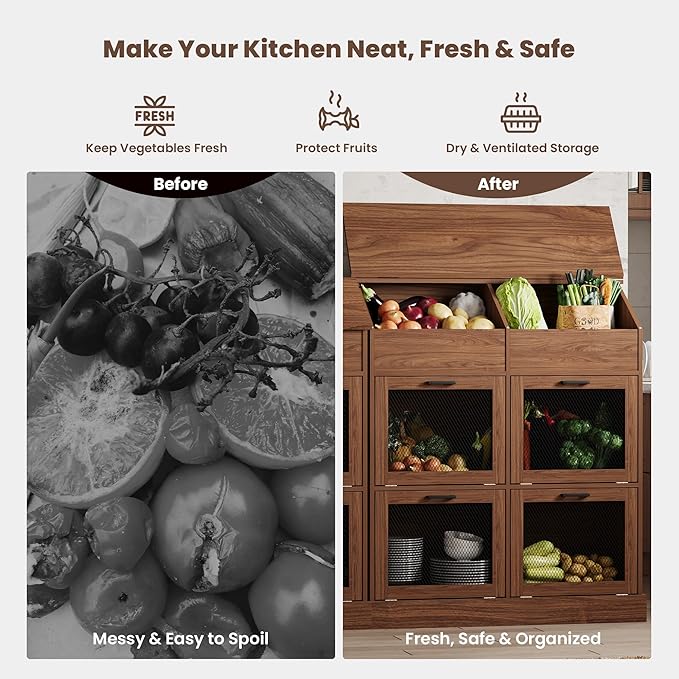 SUNBURY 47" Tall Farmhouse Kitchen Pantry Cabinet, Freestanding Wooden Vegetable Storage Hutch with Breathable Mesh Doors, 6-Compartment Floor Cabinet for Potato, Onion, Rustic Brown