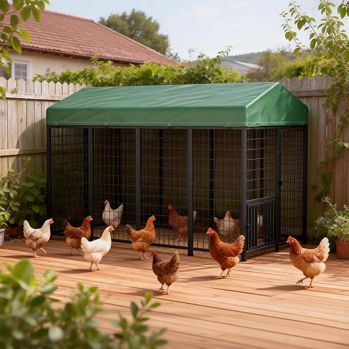 YOHKOH Chicken Enclosure, 8'W x 4'D x 5.6'H Large Outdoor Poultry Coop with Waterproof Cover, Metal Walk-in Chicken Coop for 15 Chickens Ducks Rabbits, Sturdy Heavy-Duty Black Poultry Pen