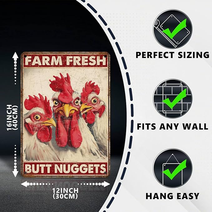 Funny Chicken Metal Signs Coop Decor Farm Fresh Butt Nuggets Tin Signs Vintage Farmhouse Poster Rustic Wall Decor For Home Outdoor Farm Poultry House Yard Cafe Kitchen Garden 16 * 12 In