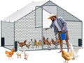 Large Metal Chicken Coop, Walk-in Chicken Run with Feeding Door, Security Lock and Cover, Outdoor Duck/Rabbit Cage Poultry Pen for Backyard, Farm, Yard (Silver - Spire Roof, 9.8 x 6.5 x 6.5 FT)