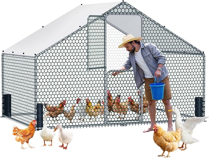 Large Metal Chicken Coop, Walk-in Chicken Run with Feeding Door, Security Lock and Cover, Outdoor Duck/Rabbit Cage Poultry Pen for Backyard, Farm, Yard (Silver - Spire Roof, 9.8 x 6.5 x 6.5 FT)