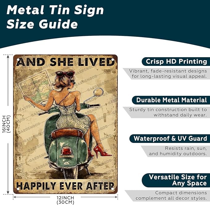 And She Lived Happily Ever After Motorbike Ancient Bike Metal Wall Art Metal Signs For Decor Vintage Wall Decor 16x12 Inch