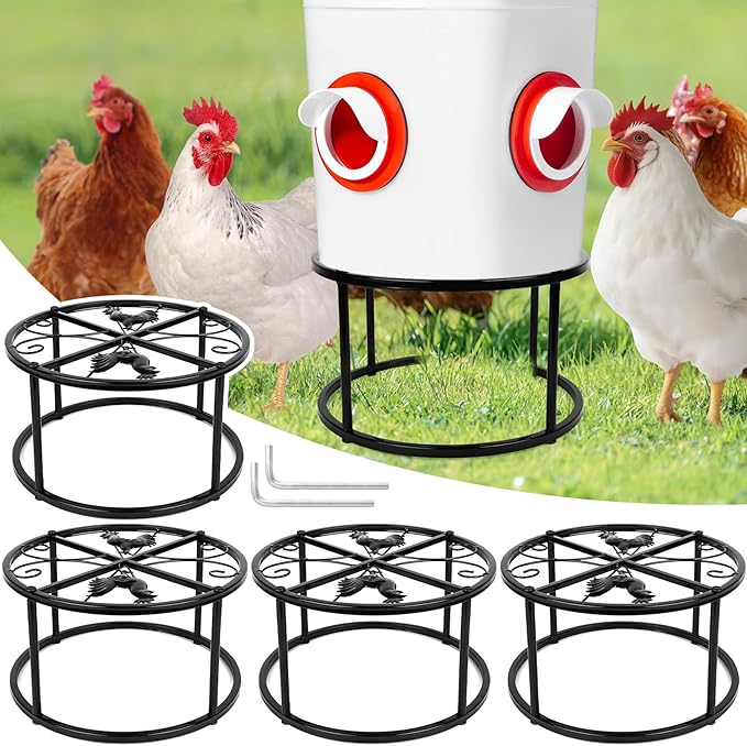 4 PCS Metal Stand for Chicken Feeder Waterer, Heavy Duty Chicken Feeder Stand Holder, Round Support Rack with 4 Rust-Resistant Iron Legs, Buckets Stand for Coop Poultry Indoor Outdoor Use, Black