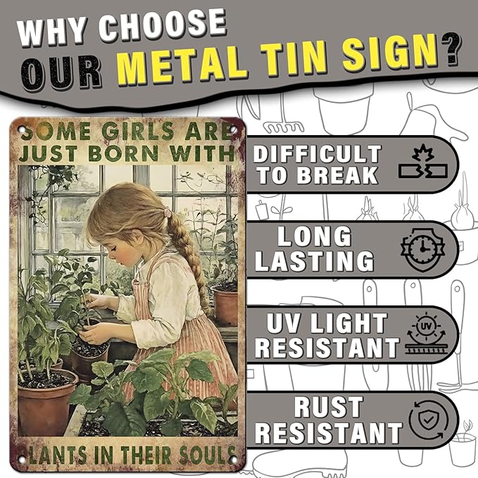 PEACHGARDEN Garden Decor Outdoor Metal Sign Some Girls are Just Born with Plants Retro Poster Tin Sign for Home Planting Room Yard Patio 8x12inch