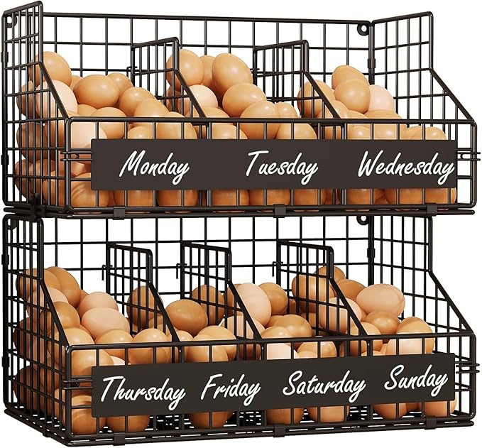 keomaisyto Egg Holder Countertop with 5 Dividers & DIY Labels to Separate Eggs, 2-Tier Stackable Wire Baskets, XXL Egg Basket for Gathering Fresh Eggs - Egg Organizer for Wall-Mounted(Patent Pending)
