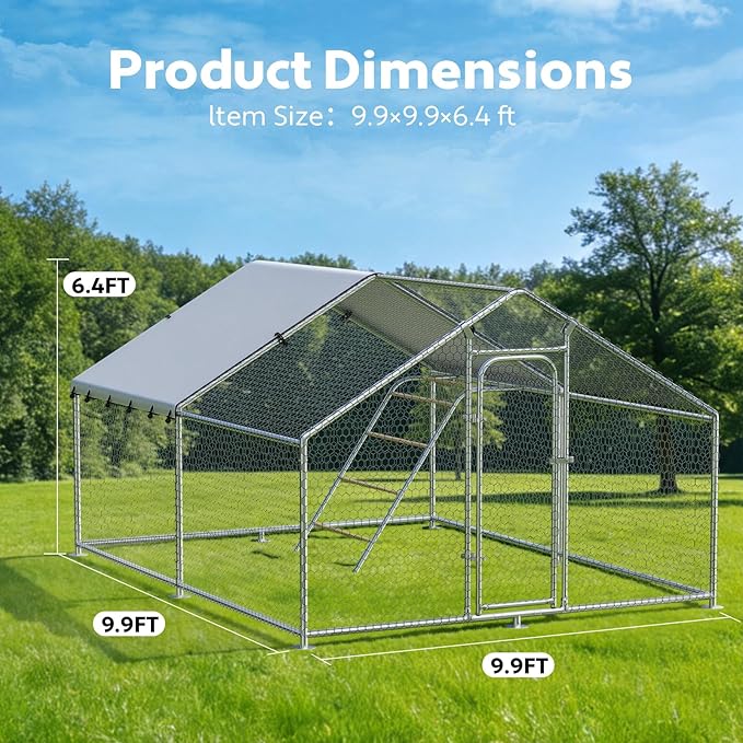 Large Metal Chicken Coop with Waterproof and UV-Resistant Cover,Chicken Run Outdoor Walk-in Cage Rabbit Duck Hen House for Yard Farm Use Spire Roof (10’ W x 9.9’ L x 6.4’ H)
