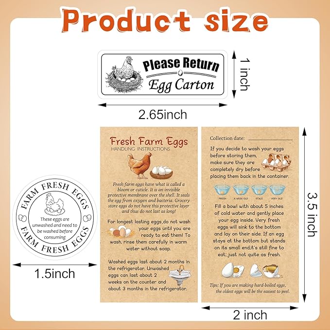 3 in 1 Total 1200pcs Fresh Farm Egg Egg Stickers Set Include 500pcs Farm Fresh Eggs Carton Labels 200pcs Handling Instruction Cards 500pcs Please Return Eggs Carton Labels Stickers