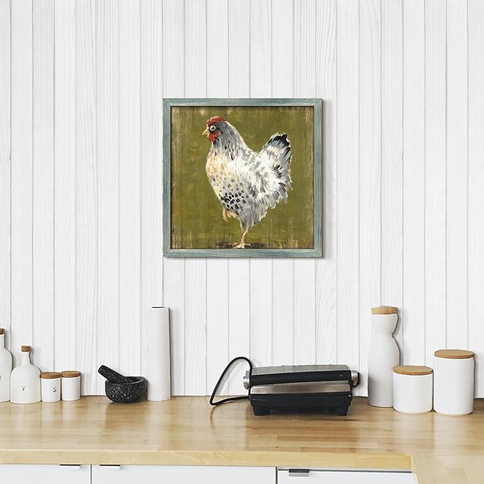 Farm Wall Art Wood Decor: Farmhouse Animal Framed Picture Rustic Chicken Print Painting Country Hen Artwork Decorations for Kitchen Home Living Room 12 x 12 Inches