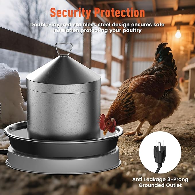 Chicken Water Heater for Winter, 110W Heated Poultry Waterer Base with Thermostat, 11 Inch Poultry Winter Deicer Heated Base with 9.8ft Power Cord (Silver)