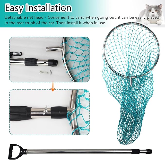 Dog Catch Net Animal Control Net Poultry Catching Trap Tool Length Adjustable for Cat, Pigeon and Others (42~70" Handle with 22" Net Opening) (Stainless Steel, Natural)