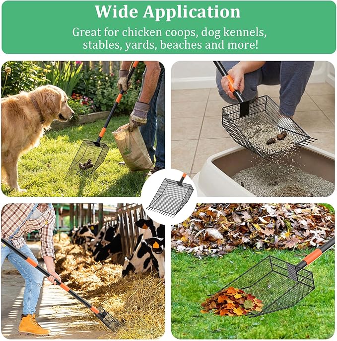 2-in-1 Chicken Poop Scooper & Rake, Heavy-Duty Chicken Coop Scoop with 33-61" Adjustable Handle and 14" Long Shovel Head, Metal Litter Scoop Sand Poop Shovel, Chicken Coop Cleaning Accessories
