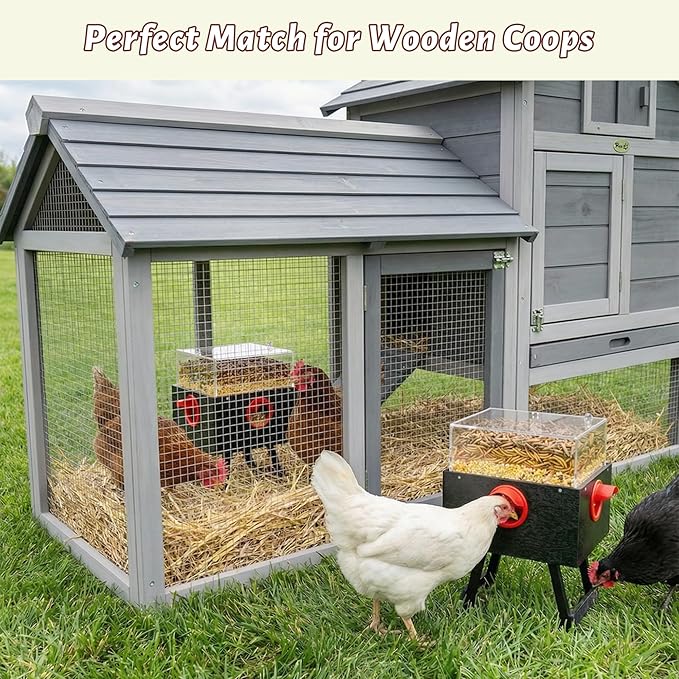 KOL No-Waste Chicken Feeder, 17LB Poultry Feeder with 4 Anti-Spill Ports, Clear-View HIPS & Acrylic Design, Foldable Stand for Hens and Chicks – Automatic Gravity-Flow Feeder