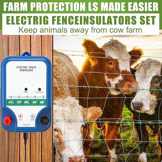 Electric Fence Kit, 8 Mile 12kV 2J Electric Fence Charger AC/DC Powered with 50 Insulators, Socket Tool, 250ft Aluminum Wire for Livestock Control, Predators Deterrent(Classic Ver.,Blue)