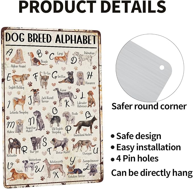 JOCASA Dog Breed Alphabet Vintage Metal Poster Sign Decor-Retro Aluminum Metal Tin Sign for Home Wall Decor, Garden, Bedroom, Signs Gift,12''x 8''
