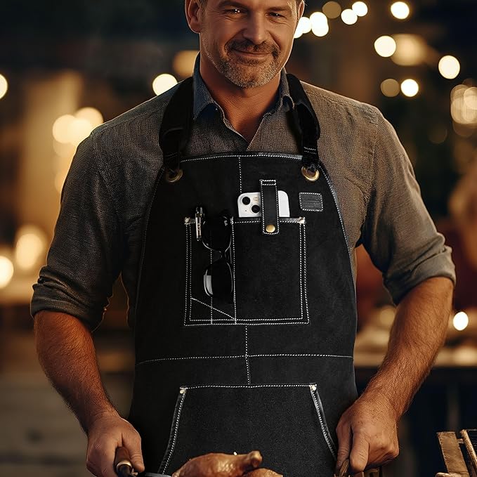 LEATHER VILLAGE Work Apron - Heavy Duty Woodworking Apron for Men with Tool Pockets for Woodworkers, Blacksmiths, Carpenters – Black Color (Size M to XXL)