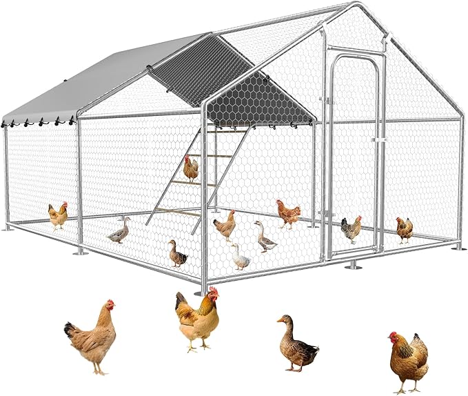 Large Metal Chicken Coop with Roosting Perch, Waterproof and UV-Resistant Cover, Outdoor Walk-in Cage Hen House for Yard Farm Rabbit Duck Chicken Run Spire Roof (10’ W x 13.2’ L x 6.4’ H)