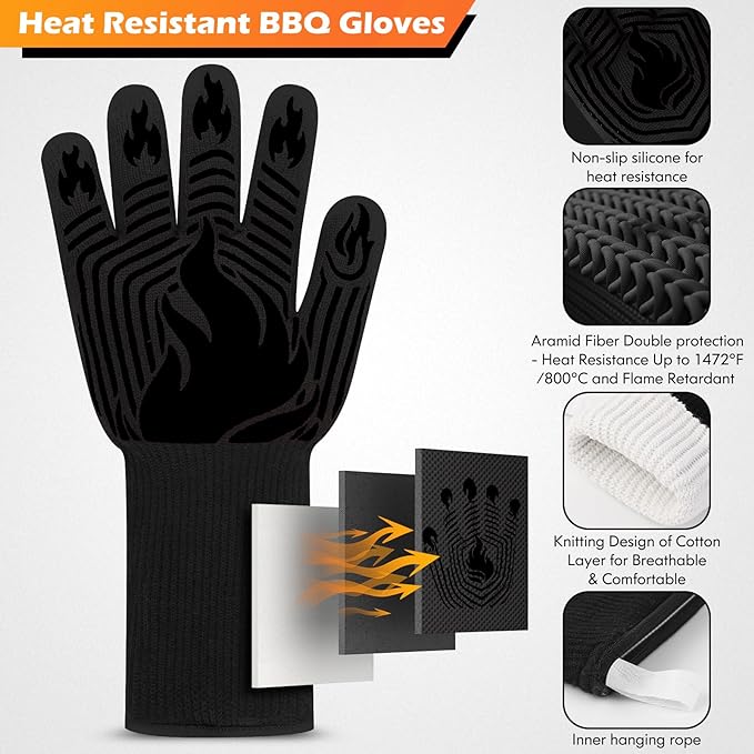 BBQ Gloves, 1472°F Heat Resistant Gloves Fireproof Mitts, Grilling Gloves Silicone Non-Slip Washable Oven Glove, Kitchen Glove for Barbecue, Grilling, Cooking, Baking, Camping, Smoker (Black)