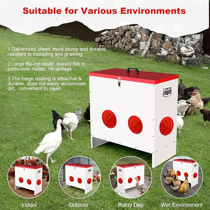 Professional Automatic Chicken Feeder (50LB) - 6 Port Metal Chicken Feeder，Large Capacity Automatic Poultry Feeder System, No Waste Poultry Feeder with Locking Lid for Chickens, Ducks&Poultry