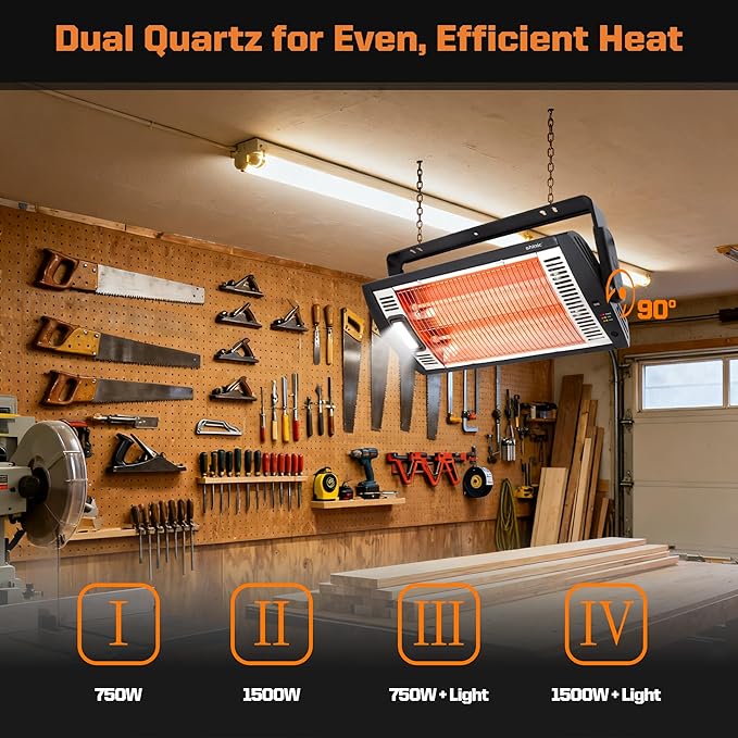 Shinic Electric Garage Heaters with Remote Control, 1500W/750W Ceiling Mounted Radiant Quartz Heater with Work Light, 90° Rotation, 5 Mode Settings, Electric Heater for Garage, Shop, Patio Large Room