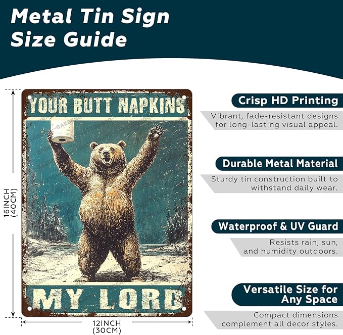 Fun Vintage Brown Bear And Toilet Paper Metal Sign Bear Your Butt Napkins My Lord Novelty Metal Poster Home Kitchen Bathroom Aluminium Sign Art Wall Decor 16x12 Inch