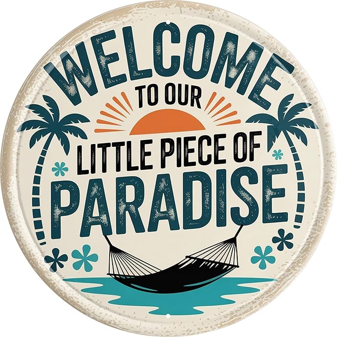 Little Piece of Paradise Metal Sign 8x8in Round Tropical Plaque for Patio Wall Decor Vacation Gift