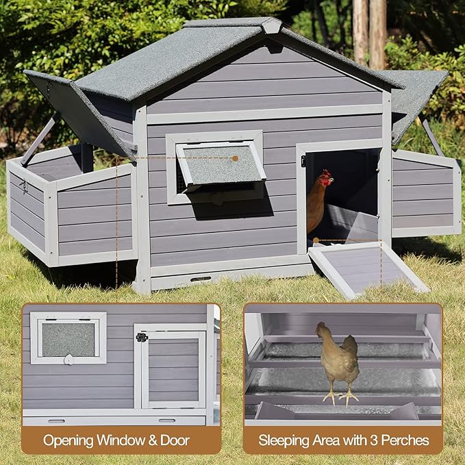 GUTINNEEN Chicken Coop Outdoor Hen House Duck Coop Rabbit Hutch Wooden Poultry Cage with 3 Perches,2 Sides Large Nesting Boxes