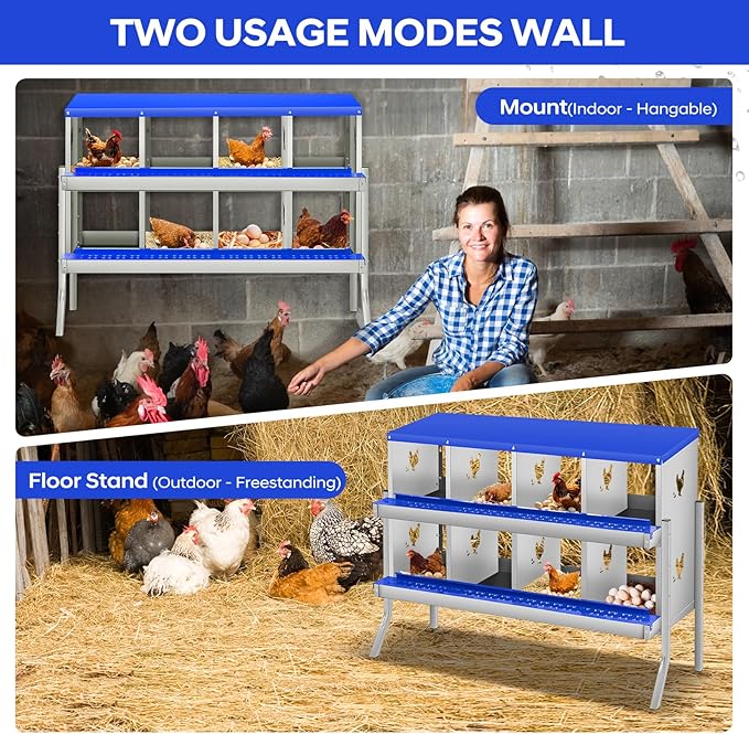 GarveeLife Chicken Nesting Box, 8 Compartments Nesting Box for Chickens, Two-Tier Galvanized Steel Chicken Egg Laying Box with Large Vented Holes Wall Mounting for Easy Egg Collection