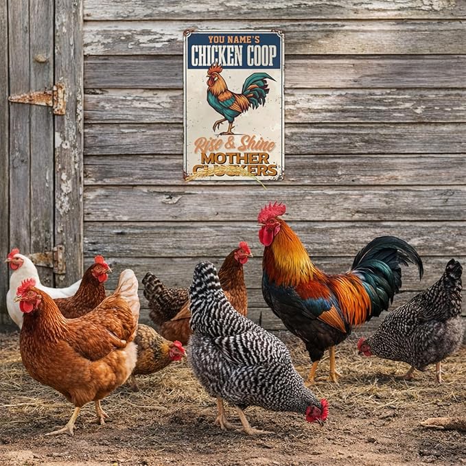 Custom Name Chicken Coop Metal Sign Rise And Shine Mother Cluckers Funny Vintage Tin Plaque Wall Art for Backyard Barn Chicken Coop Home Decor Gift