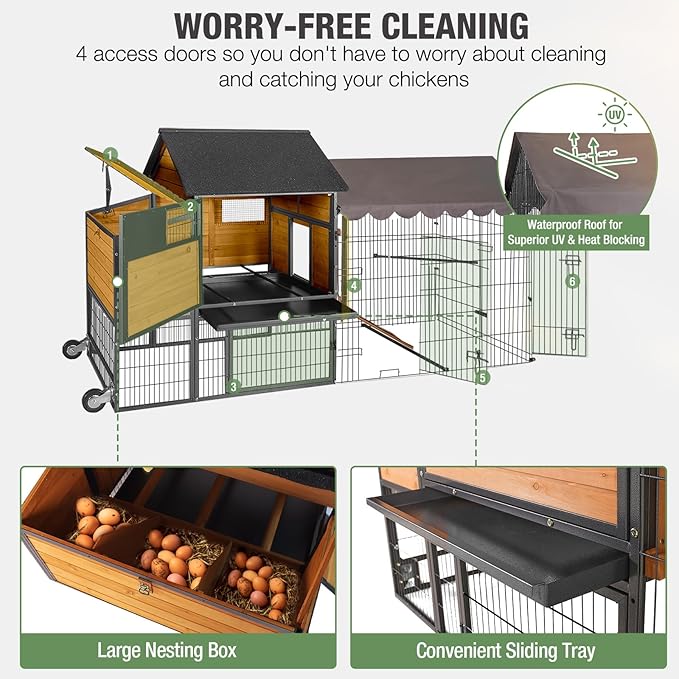 Extra Large Mobile Chicken Coop with Run, Portable Chicken Tractor with Wheels, Wooden Poultry Cage with All-Around Iron Frame, Metal Sliding Tray, Nesting Boxes for 6-8 Chickens
