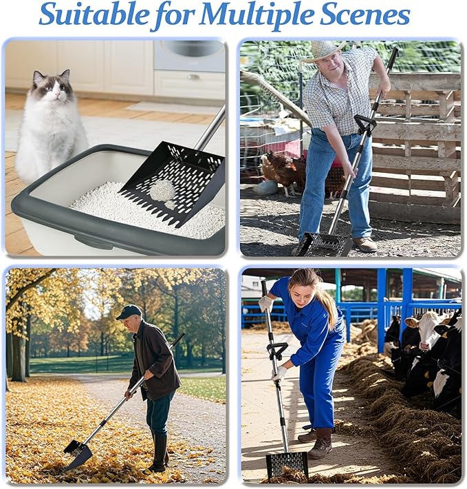 DEMARRE Chicken Poop Scooper & Rake 2-in-1, Metal Chicken Scoop with 35 to 65" Adjustable Stainless Steel Handle, Litter Scooper Sand Sifting Shovel Chicken Coops/Animals House