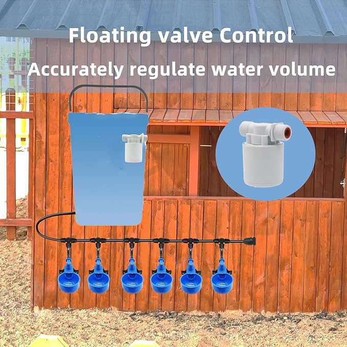 Automatic Chicken Waterer – Float Controlled 6 pcs Chicken Water Cups with Hose Fitting, No-Spill Chickens Watering System,Quick-Connect Poultry Water Dispenser.