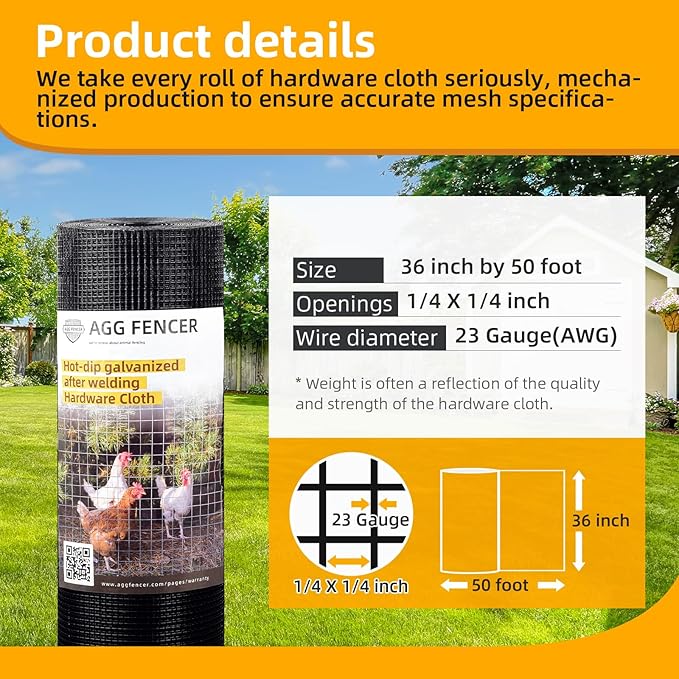 36in x 50ft Black Hardware Cloth 1/4 inch 23Ga PVC Coated Wire Mesh Vinyl Coated Fence, Welded Metal Chicken Wire Fencing Roll, Garden Plant Fencing, for Chicken Coop and Home Improvement