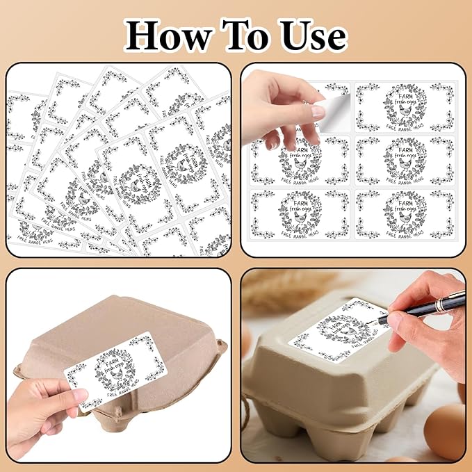 60Pcs 2" x 4" Farm Fresh Eggs Label White Rectangle Free Range Hens Egg Carton Stickers Self Adhesive Packaging Tags for Box Container Business Farm Farmhouse Markets Supplies