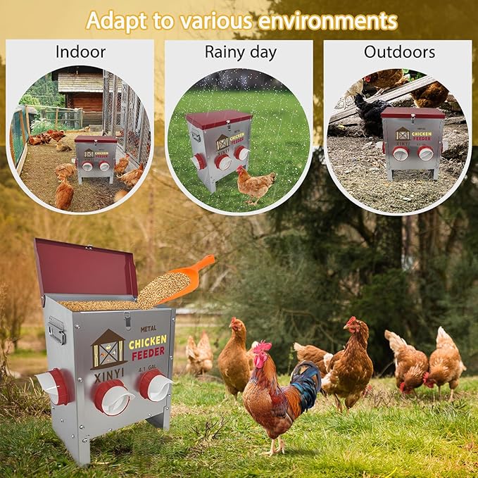 25lbs Metal Chicken Feeder, 4 Ports Galvanized Feeder, Goat Proof Auto Chicken Feeder, Weatherproof Chicken Food Dispenser System for Outdoor Coop,4.1 Gallon
