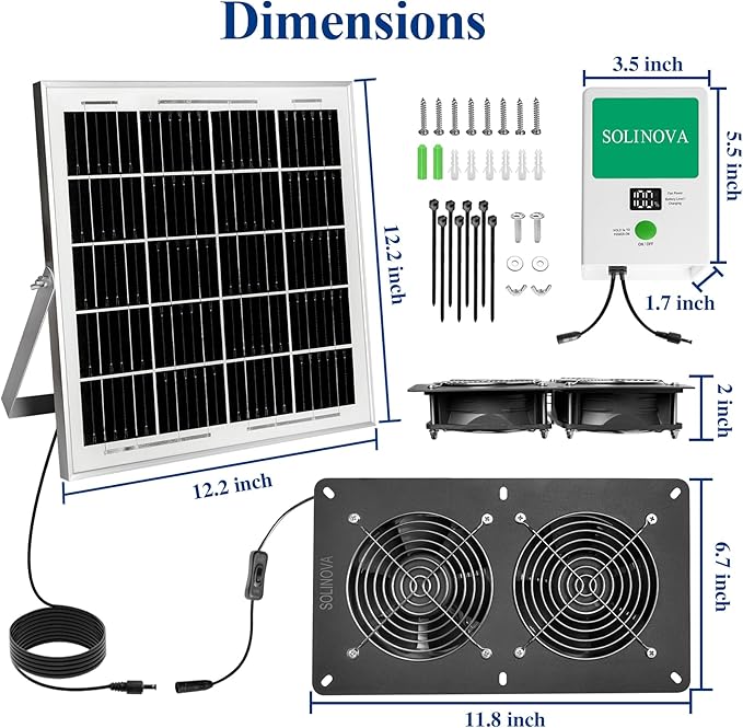 Solar Exhaust Fan, 25W Solar Panel and Solar Powered 2-Fan, IP68 Waterproof，with 7500mAh Battery for Chicken Coop, Shed, Greenhouse, Dog House, 2 Pcs Ventilation Vent Fan, with Bracket for Shed