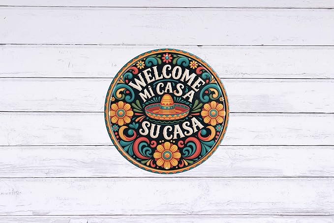 AWISZZZ Mi Casa Su Casa Metal Sign 8x8in Round Vintage Plaque for Entryway Wall Decor Spanish Welcome Gift