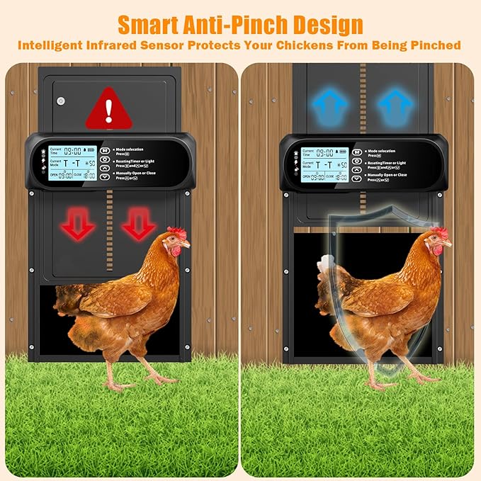 Solar Powered Automatic Chicken Coop Door, LCD Screen Electric Auto Chicken Coop Door with Timer & Light Sensor, Aluminum Rechargeable Automatic Chicken Door Opener with Remote Control & 4 Modes