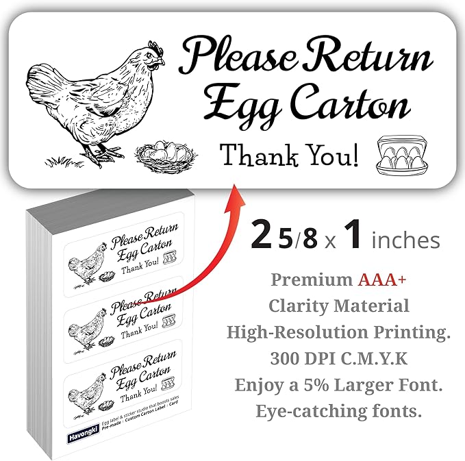120 Chicken Egg Carton Labels Stickers | Please Return Egg Carton | White | Farm Fresh Eggs | 4 6 12 15 18 30 48 50 Count - Basket Box Container Extra Organizer Farm Supplies, 66mm x 26mm