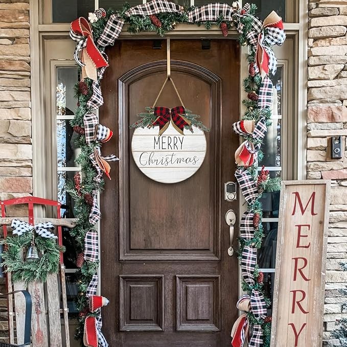 Bunny Chrous Christmas Door Sign: Rustic White Merry Christmas Wreaths for Front Door Wall Porch Home Office School, 12" Farmhouse Classic Elegant Door Decor, Vintage Door Decorations Indoor Outdoor