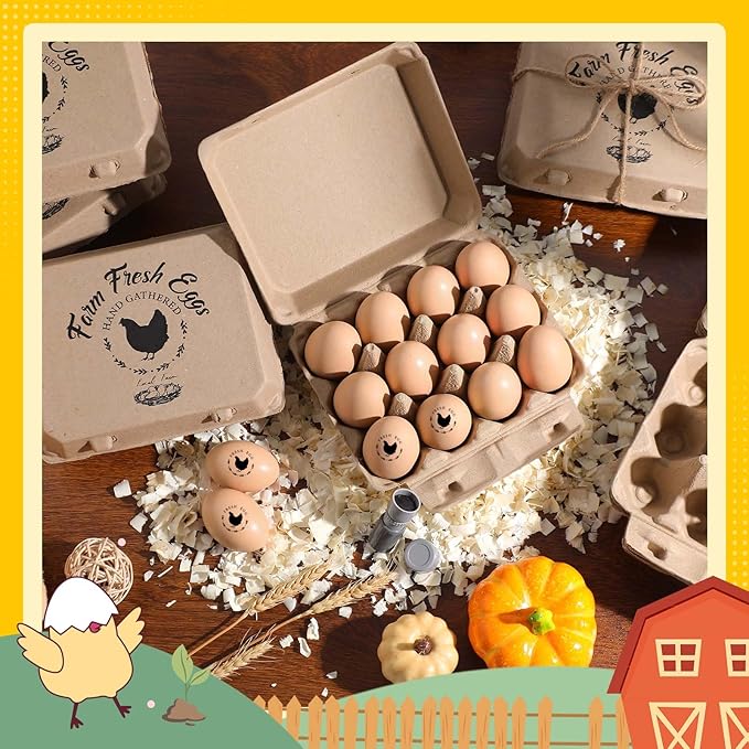 24 Pack Half Dozen Easter Egg Cartons Bulk 6 Count Empty Eggs Cartons Natural Paper Pulp Eggs Carton with Chicken Egg Stamper and Ropes for Kitchen Farm Market, Sturdy Reusable