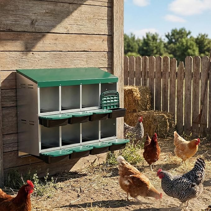 8 Compartment Large Metal Hen Laying Box,Chicken Nesting Box,Roll Away Nesting Box for Laying Eggs,Wall Mount Chicken Nesting Boxes, Easy Egg Collection, Cleanable Pull Out Hen Roosting Boxes,Green