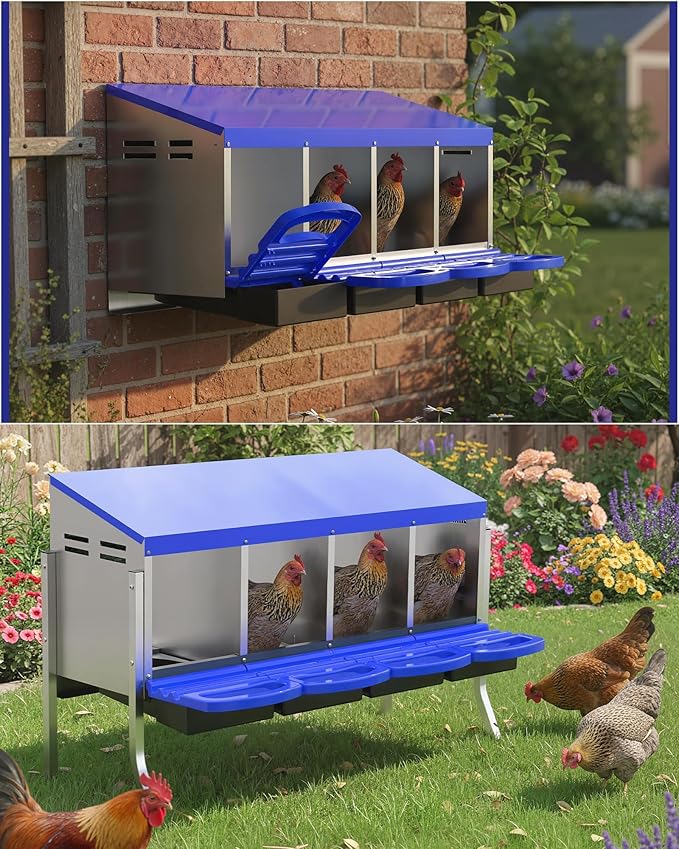 Metal Chicken Nesting Box with Easy-Collect Tray & Lid – 3/4/2x2 Compartment Heavy Duty Roll Away Nesting Boxes for Chickens, Wall Mount or Freestanding, Galvanized Steel Hen Laying Box for Coop