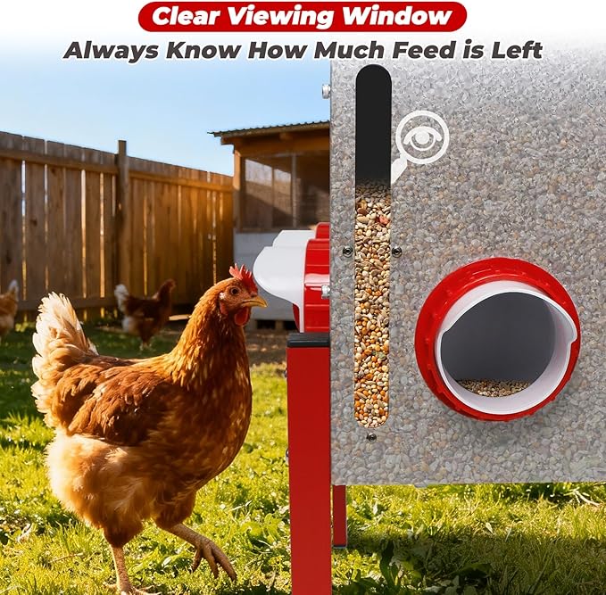 Automatic Chicken Feeder 100LBS Large Capacity, 12 Anti-Waste Ports Metal Poultry Feeder with Height Adjustable Stand, Waterproof Rodent Proof Feed Box with Lid Viewing Window for Hens Ducks Geese