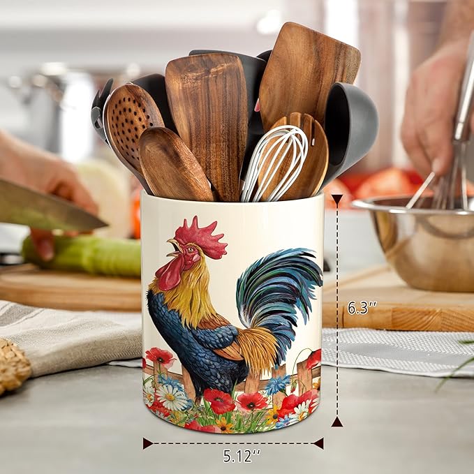 Hexagram Rooster Decor Utensil Holder, Rooster Chicken Kitchen Decor Ceramic Utensil Holder for Farmhouse Chicken Kitchen Decorations Indoor Rustic Farmhouse