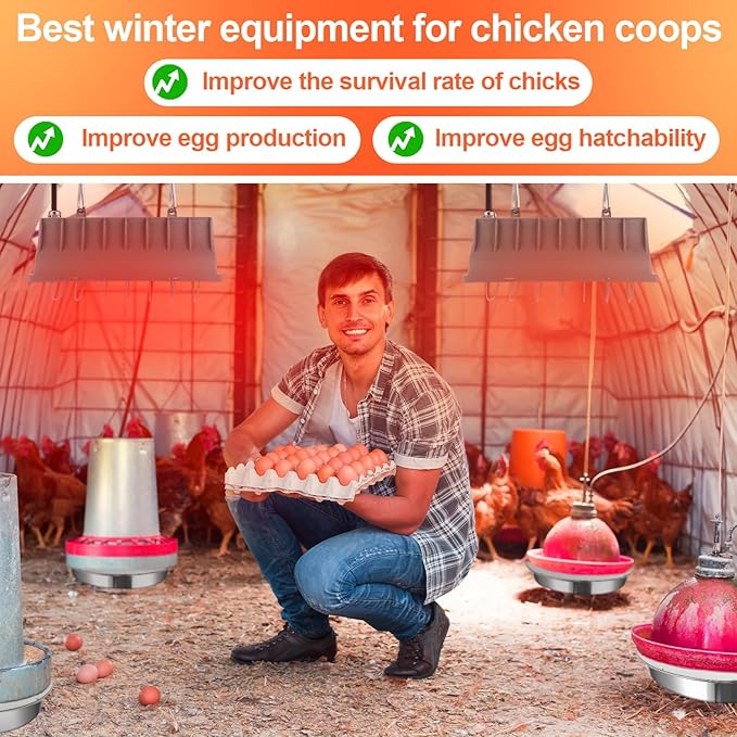 2 Pcs Chicken Coop Heater Set, Adjustable Chicken Heater 90w to 175w and Stainless Steel Water Heated Base Poultry Radiant Heater Chicken House Heating Accessories for Chick Pet Dog Cat