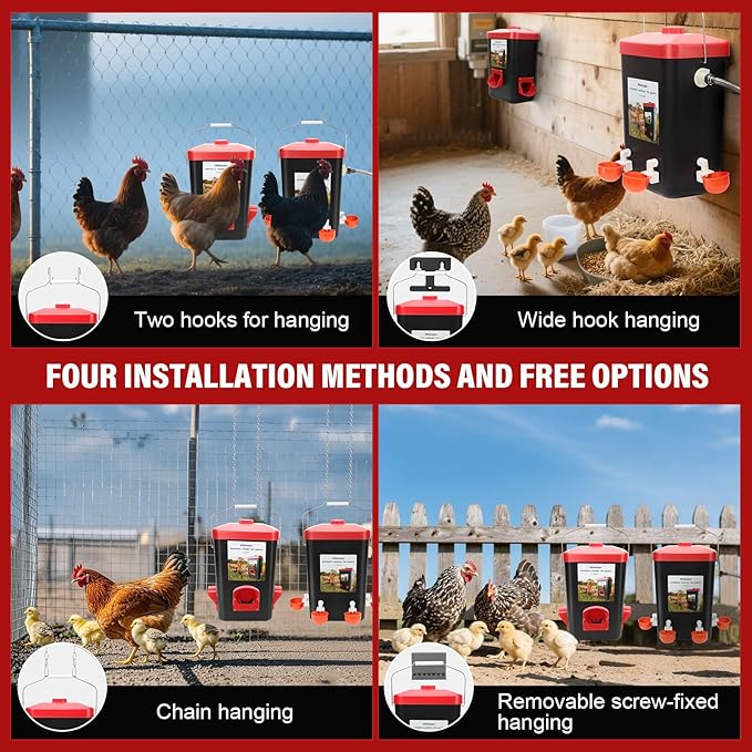 3 Gallon & 26lbs Automatic Chicken Feeder and Waterer Set, Hanging No-Waste Poultry Feeder with 4 Nipple Drinkers, Chicken Coop Supplies for Hens Feeding Equipment for Backyard Farm