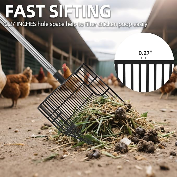 PUPTECK 5-in-1 Chicken Poop Scooper - Adjustable Long Handle Poop Scooper with Deep Shovel, Detachable Heavy Duty Shovel Multifunctional Chicken Cleaning Tool Coop Accessories(23"-68")