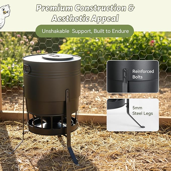 KOL Chicken Feeder No Waste for Coop & Outdoors, 16 Port 50lbs Poultry Feeder with Spill-Control Design, Rust-Proof Powder Coated Metal & Smooth Safe Edges (Black)